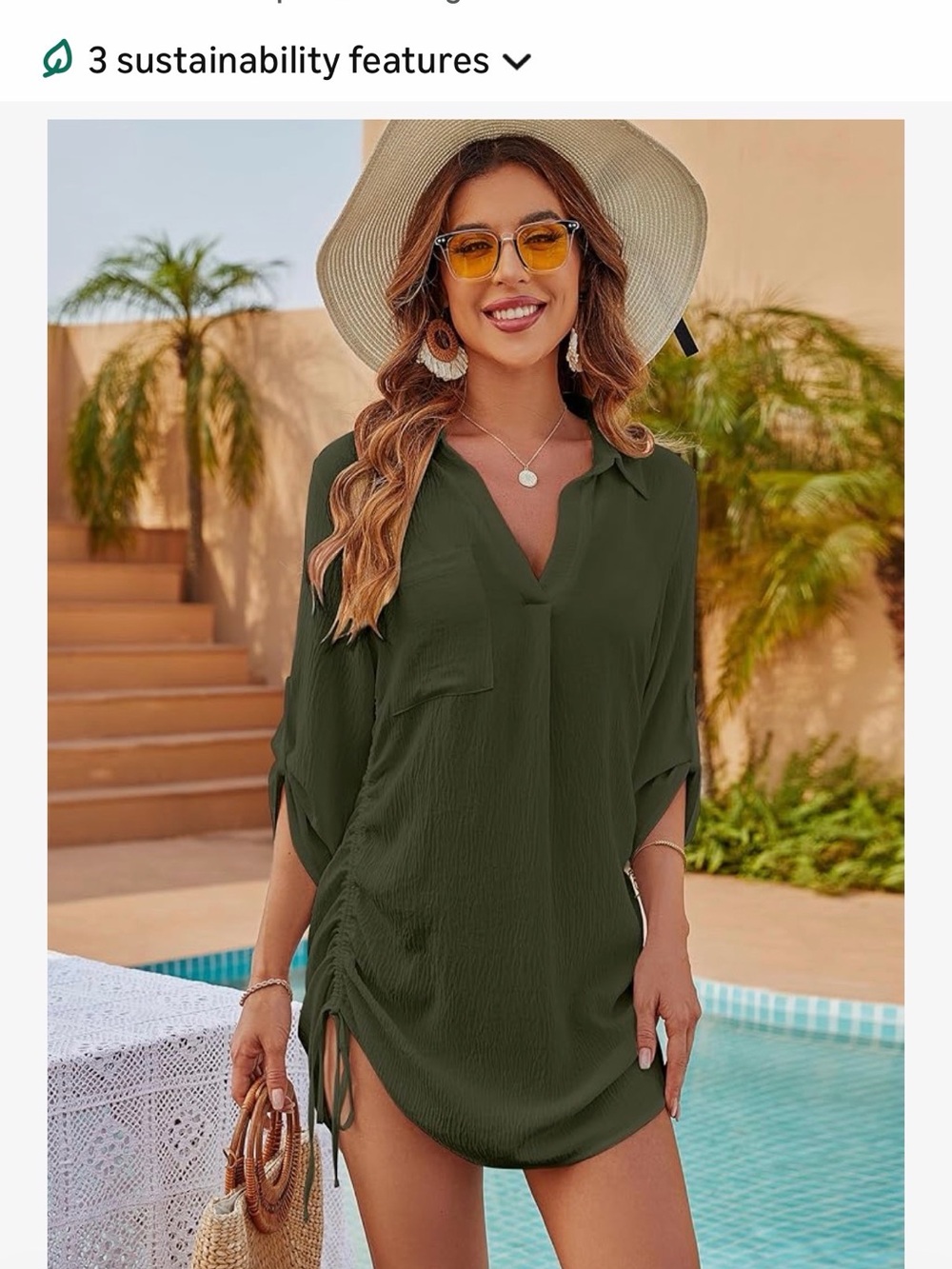 Relaxed Olive Roll-Sleeve Tunic with Chest Pocket
